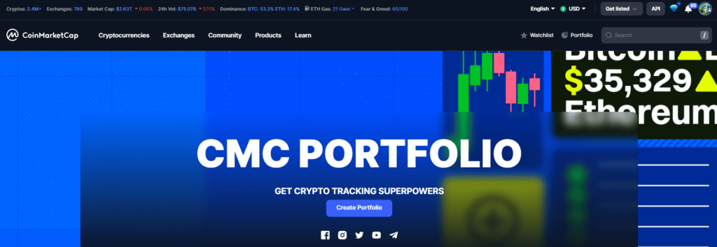 CoinMarketCap portofolio trackers crypto