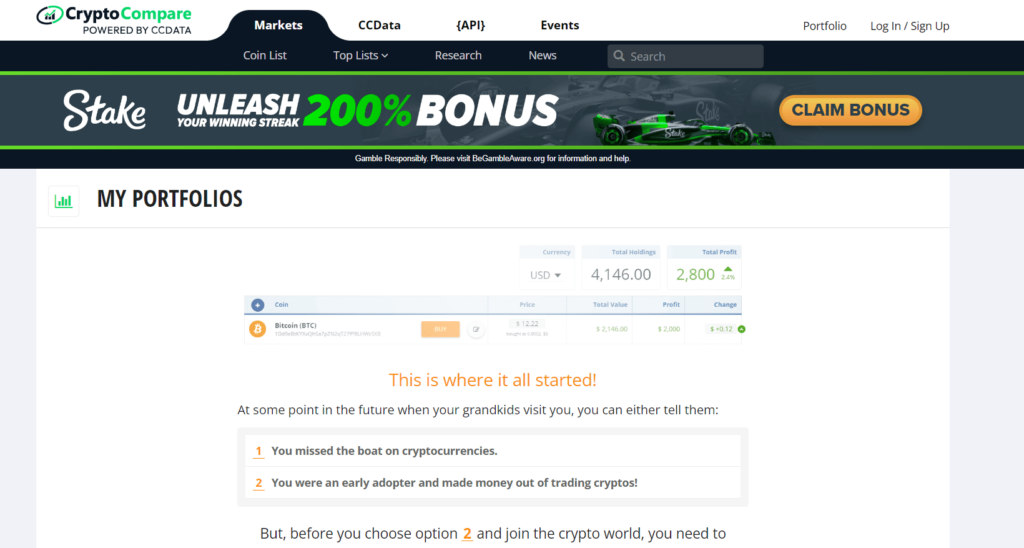 CryptoCompare portefeuille de suivi actifs