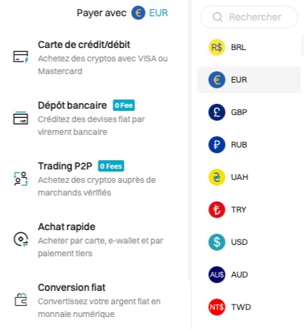 Étape 2 moyens de paiement acheter bitget