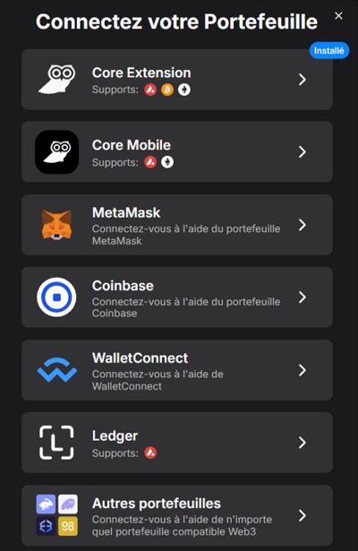 Connectez portefeuille sur Core App