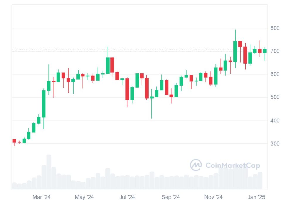Graphique du prix du BNB en mars 2024-2025. Source : CoinMarketCap
