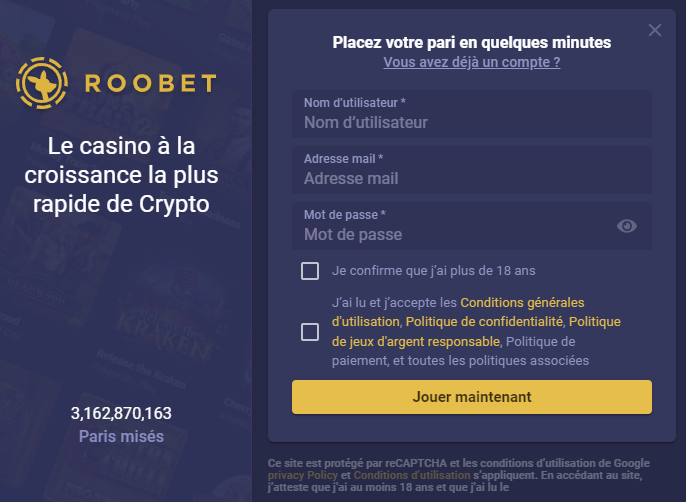 Inscription crypto casino Roobet