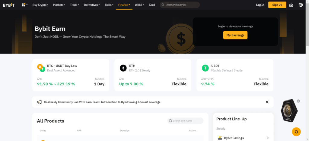 Earning, épargne sur Bybit