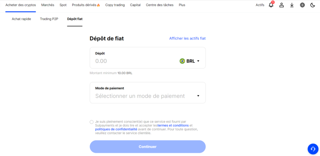 depot de fiat sur BingX