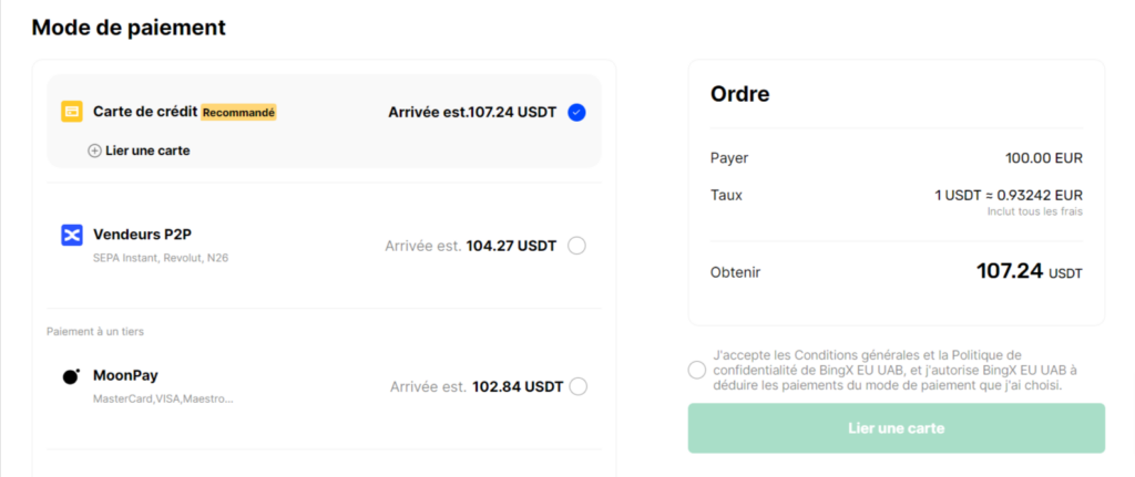 Dépôt par carte bancaire sur BingX