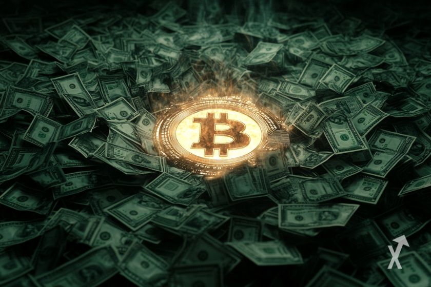 Bitcoin entouré de billets