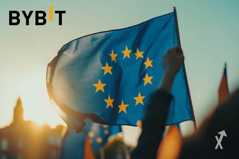 Le logo Bybit et le drapeau UE