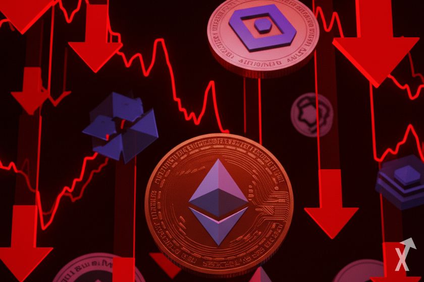 Écran d'alerte de crash coloré avec des logos crypto