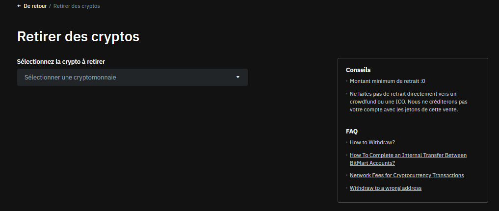 Retrait crypto Bitmart