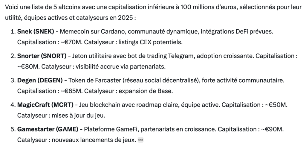 réponse au prompt de grok sur les altcoins 