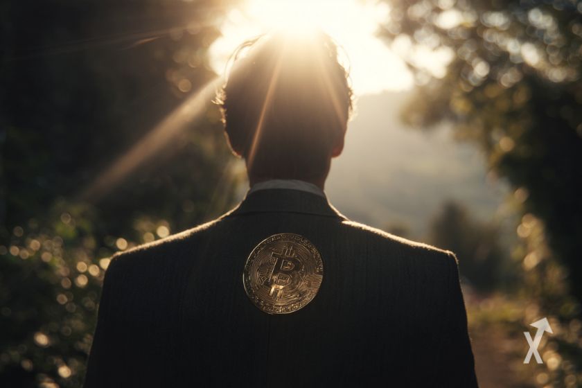 Un homme au soleil avec une pièce de Bitcoin collée dans le dos