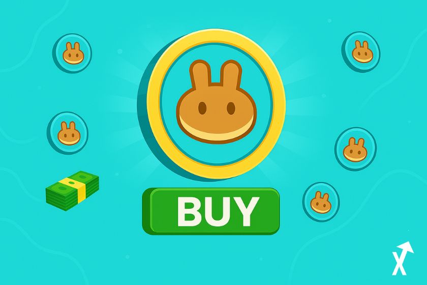 Gros jeton PancakeSwap entouré de petits jetons CAKE et liasses de dollars sur fond bleu clair avec un bouton "BUY" vert