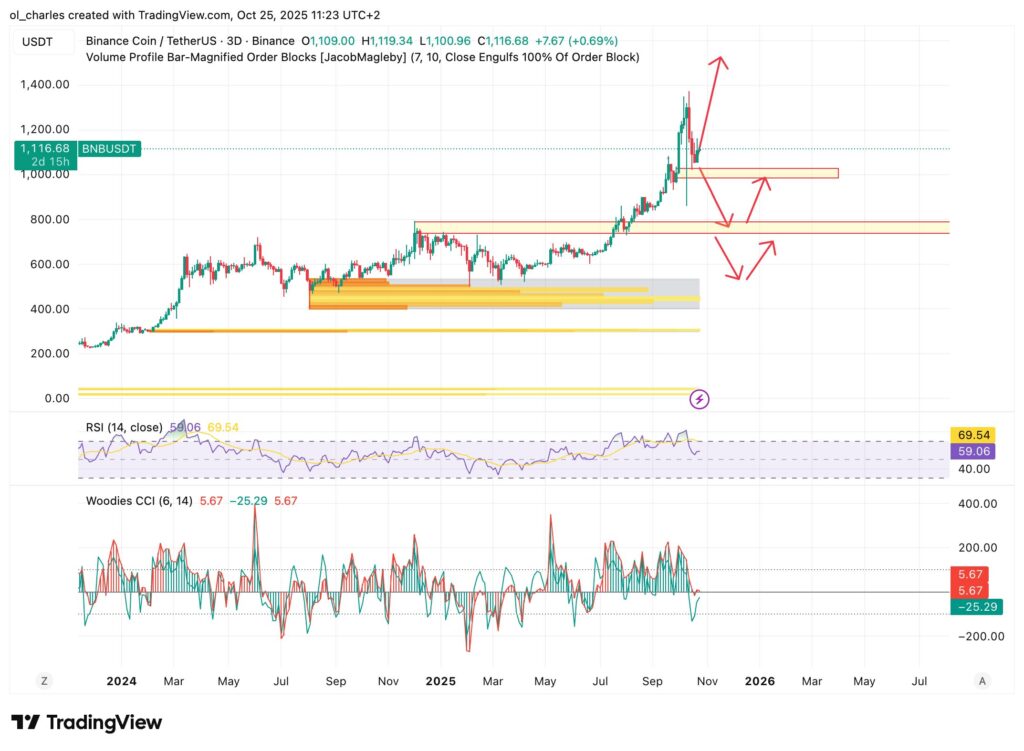 graphique du BNB en 3 jours avec Order BLocks et flèches d'orientation du prix et RSI et Woodies CCI en indicateurs