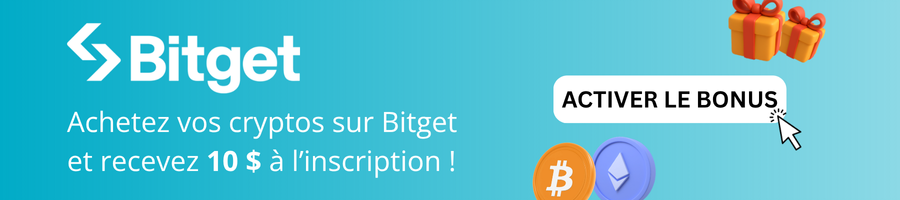 bannière sur fond bleu avec un bonus Bitget 10 dollars cadeau à activer