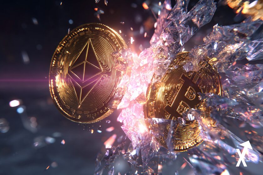 ethereum flying over bitcoin in gold theme, eth btc coin crypto