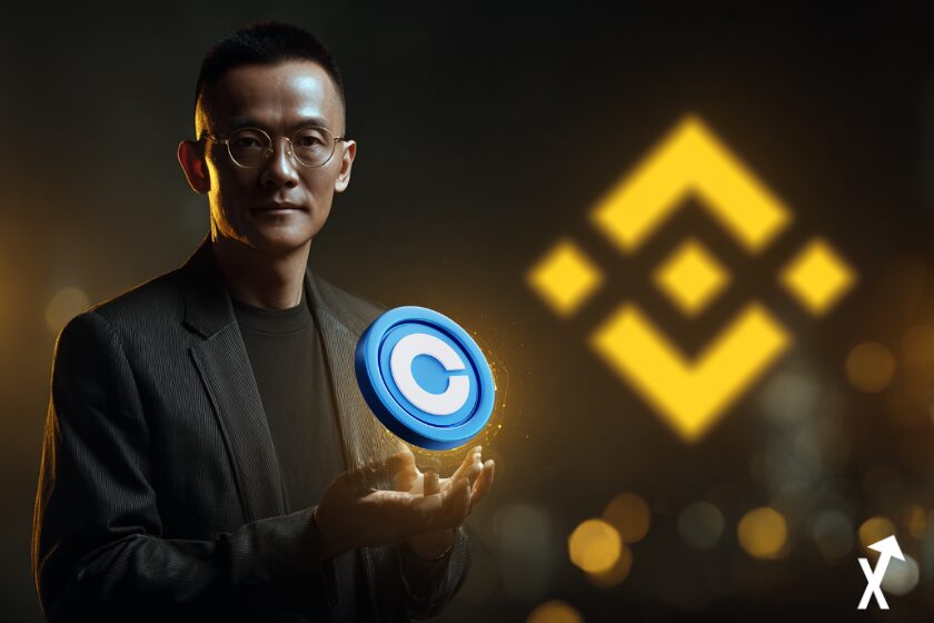 CZ binance bnb logo with coinbase coin in the hands with yellow glowing around