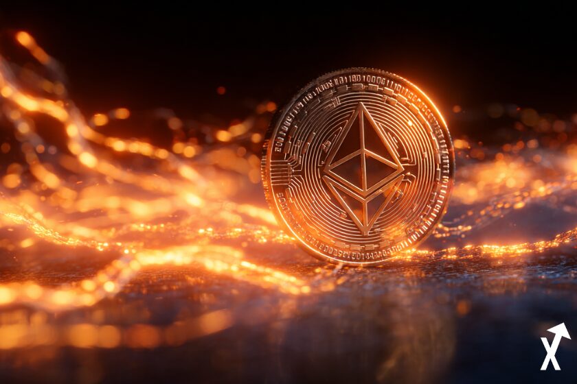 Ethereum coin surrounded by flames and digital light waves, representing unstoppable bull run and supercycle momentum