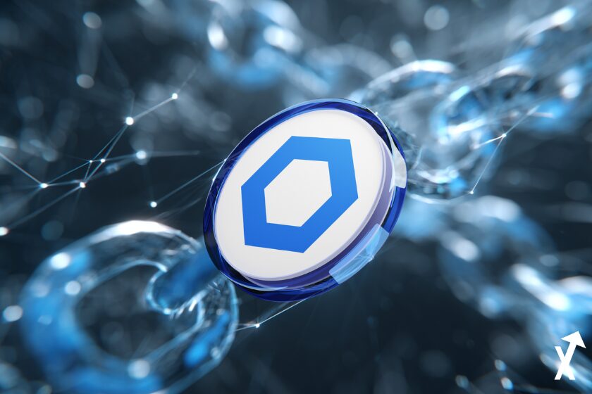 bright blue Chainlink logo rises above a decentralized network of nodes crypto
