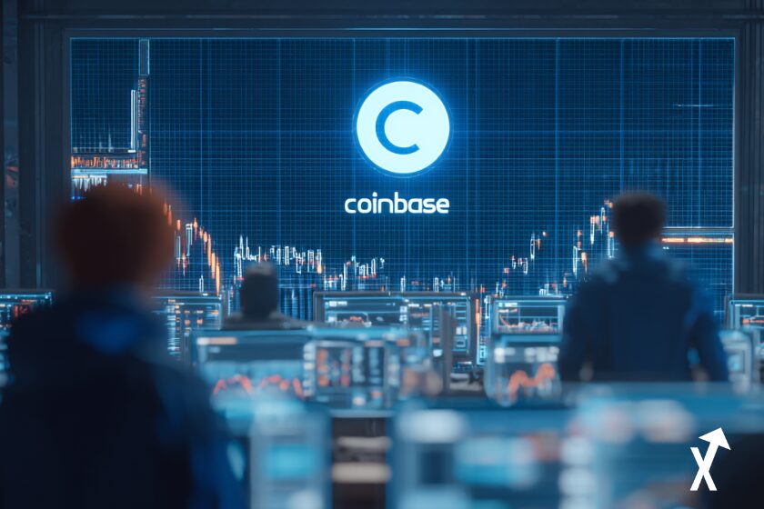 Coinbase logo trading platform offline, s, frustrated traders in front of screens, digital charts frozen