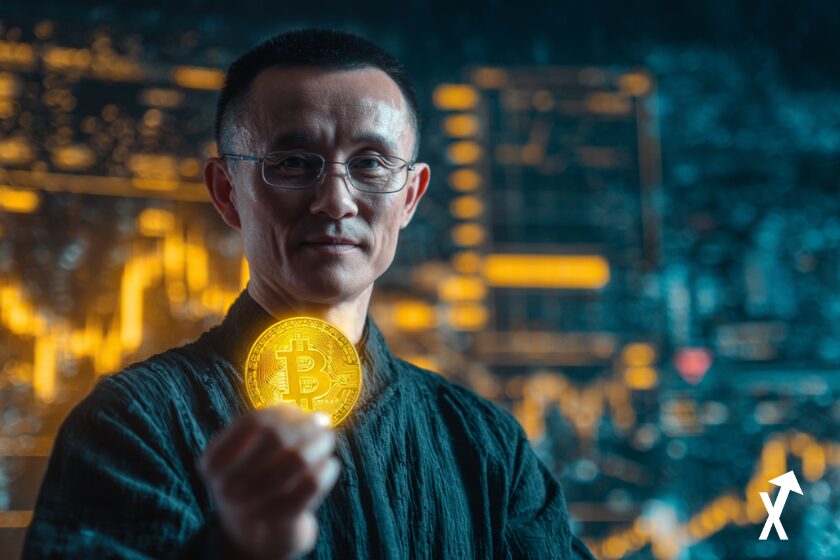 Changpeng Zhao (CZ), founder of Binance, holding a glowing golden Bitcoin in his hand, confident expression, futuristic financial background with digital charts and blockchain patterns,