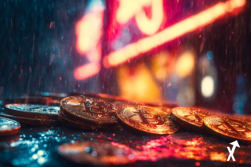 ain of Bitcoins in the background, neon lights reflecting on wet streets, cinematic lighting crypto world