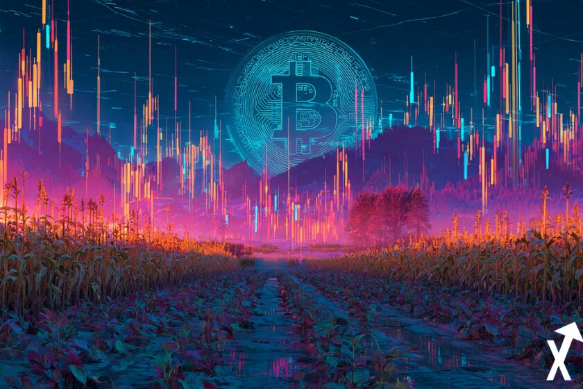 Soja et bitcoin representés sur bitcoin coin et trending chart rouge et vert fond violet