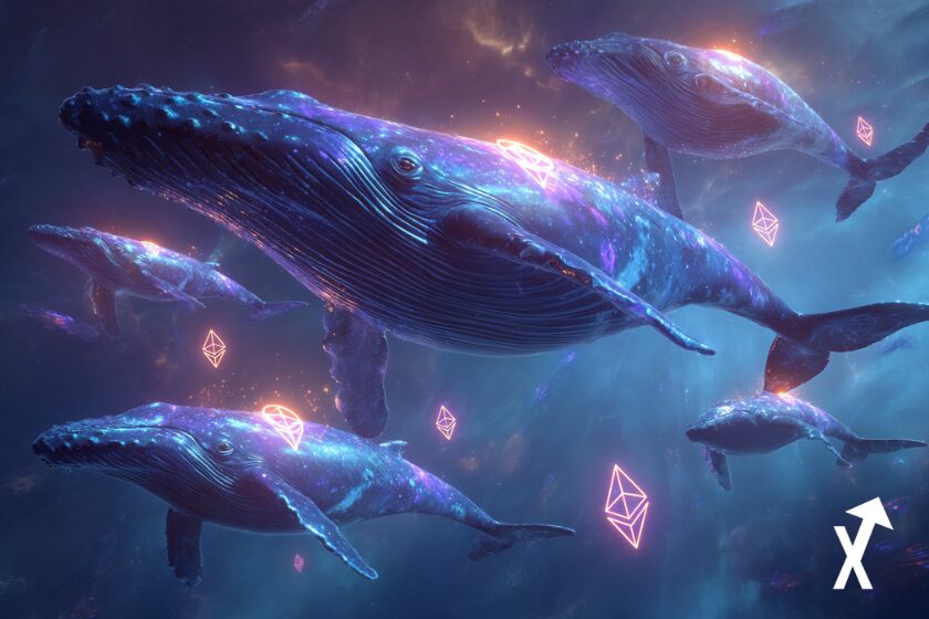 Ethereum whales eth in the deep ocean, logo eth neon purple