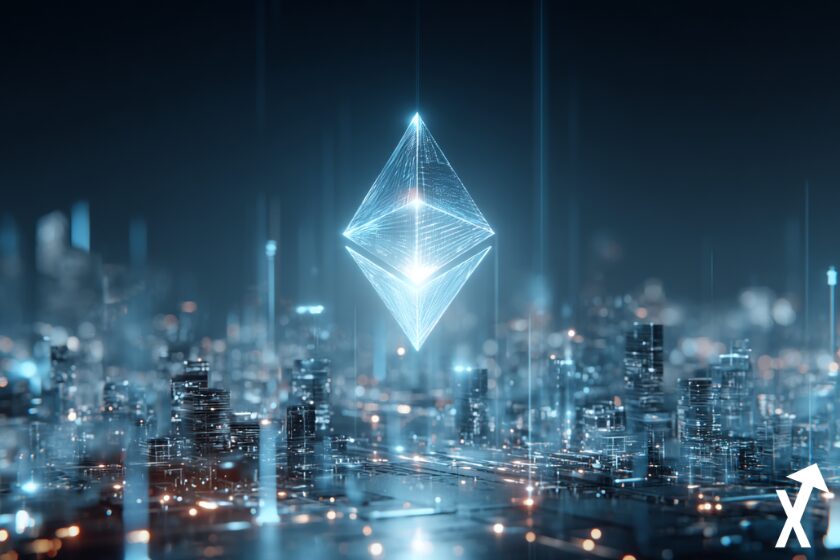 Illustration numérique futuriste de la blockchain Ethereum, avec un logo ETH lumineux composé de cristal et de lumière, entouré de graphiques financiers holographiques et de symboles de smart contracts.