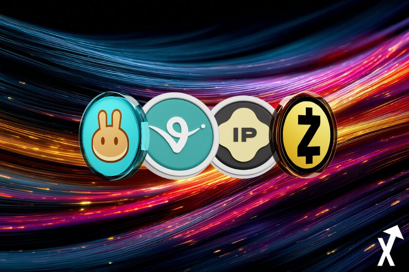 zec ip virtual cake coins Quatre traînées lumineuses s’élevant vers le ciel, avec des trails brillants, couleurs vibrantes, mouvement dynamique, lumière éthérée, art numérique abstrait, contraste élevé, ultra-détaillé