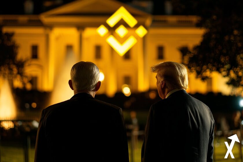 CZ, le PDG de Binance, debout à côté de Donald Trump, tous deux vus de dos, regardant la Maison Blanche illuminée la nuit un immense logo Binance doré et lumineux est projeté sur la façade. Scène réaliste, atmosphère dramatique et politique, fond jaune doré, éclairage contrasté