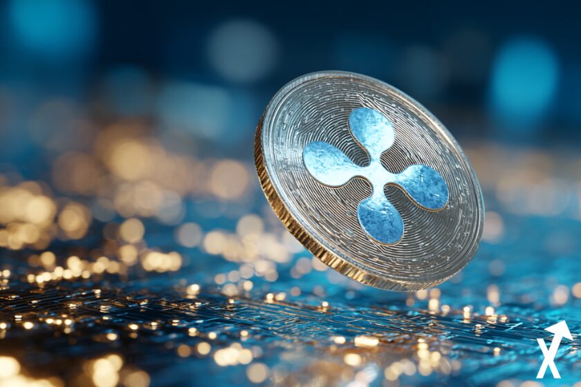 jeton XRP argenté et bleu électrique flottant au-dessus d’un réseau financier lumineux, lumière dorée et reflets argentés, symboles d’ETF et Wall Street