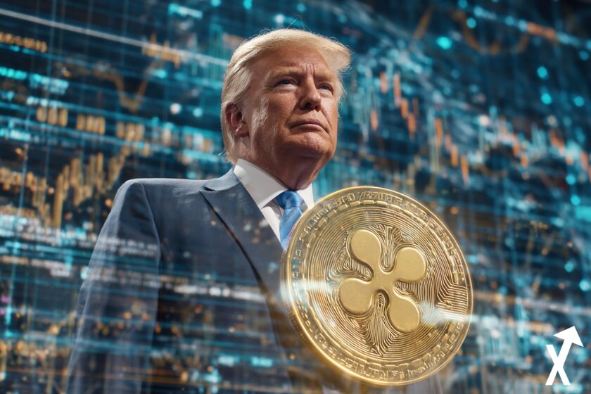 xrp trump sur trending en fond bleu et bleu et orange logo xrp coin gold