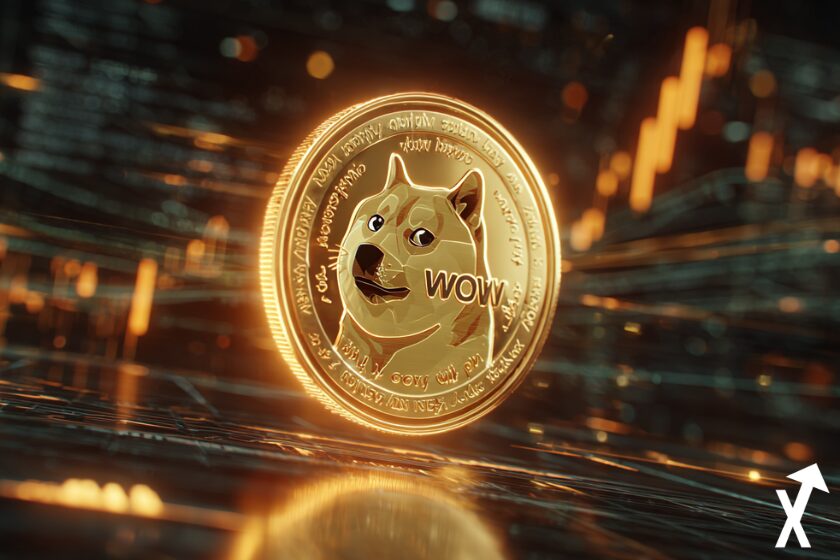 Une pièce de Dogecoin lumineuse flottant dans un environnement numérique futuriste, entourée de néons et de graphiques holographiques, avec des tons dorés et orange, éclairage dramatique, perspective cinématographique, hyper-réaliste, ultra-détaillée, 8K, art numérique.