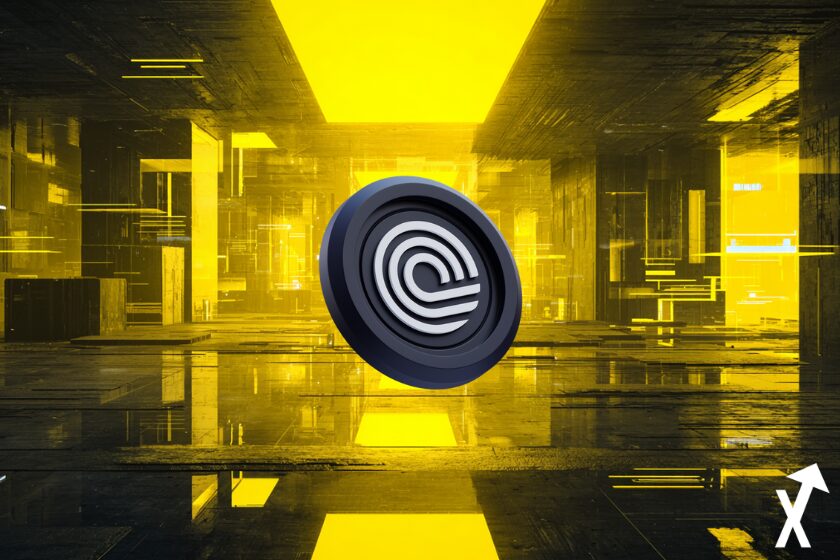 Illustration numérique futuriste, palette de couleurs jaune et noir lumineuse, effets lumineux, haut contraste, lumières néon, composition dynamique, ultra détaillée, 8k, éclairage cinématique, Ondo Finance crypto