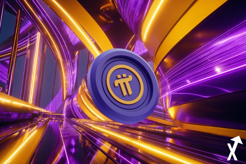 Pi Coin crypto, illustration numérique futuriste, palette de couleurs lumineuses violet et jaune, effets lumineux, haut contraste, esthétique néon, lumières néon, composition dynamique, ultra détaillée, 8k, éclairage cinématique