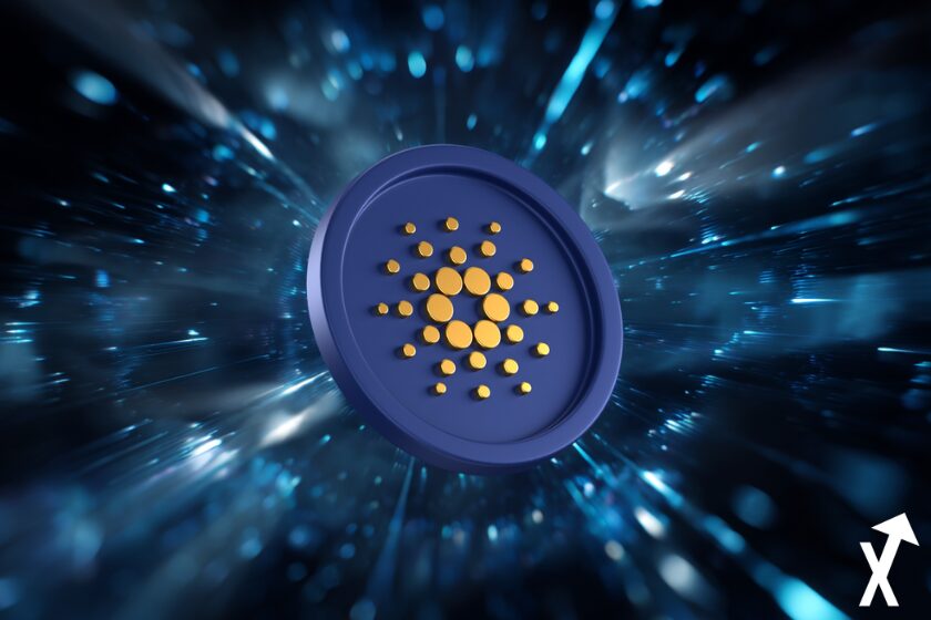 Illustration numérique futuriste du jeton Cardano (ADA), couleurs bleu et doré lumineux, effets de lumière intenses, style cyberpunk élégant, éclats néon, composition dynamique, ultra détaillée, 8K, éclairage cinématique, ambiance technologique et futuriste.