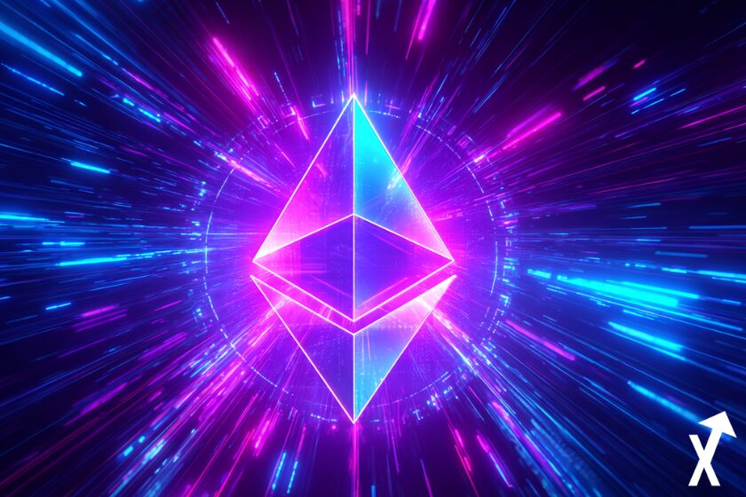 Ethereum coin futuriste, illustration digitale, couleur dominante bleu et violet, effets lumineux, contraste élevé, esthétique cyberpunk, néons, composition dynamique, ultra détaillé, rendu 8K, éclairage cinématique, blockchain et symboles décentralisés, énergie numérique autour de la pièce