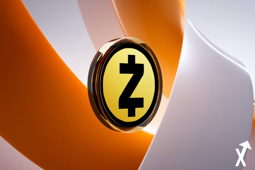 zcash coin orange et noir sur fond orange et blanc epuré