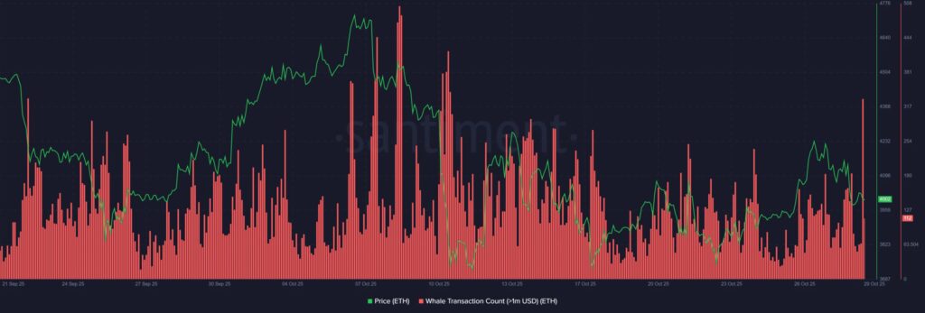 graphique sur l'ethereum  avec une courbe verte du prix de l'eth et les mouvements des baleines représentés par des batons rouges