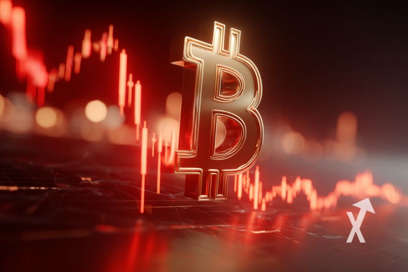 Bitcoin logo en 3D dans une ambiance rouge avec un cours de prix