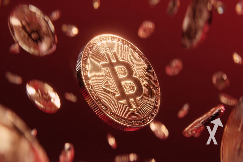 Pleins de coins 3D du Bitcoin qui volent dans un fond rouge
