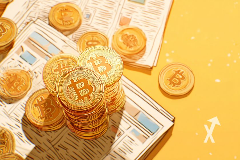 journal sur fond jaune avec des Bitcoin sur le journal