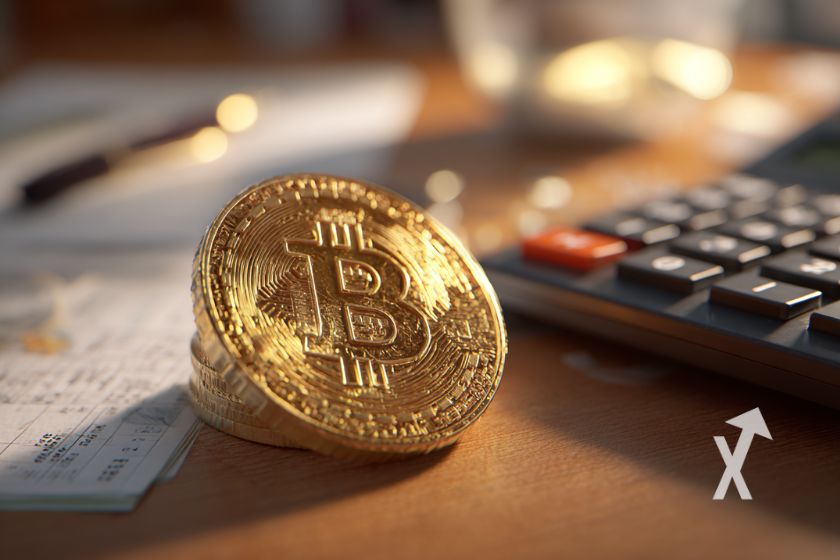 bitcoin sur un bureau avec une calculette en fond et un papier de calculs