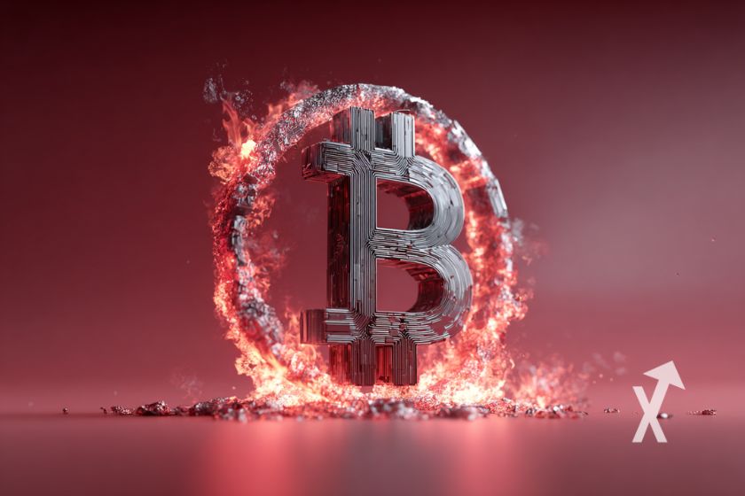 Image d'un Bitcoin logo dans un cercle de flamme roufe sur un fond rouge