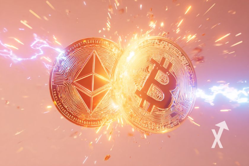 coins 3D du Bitcoin et Ethereum avec étincelles orange sur un fond orange