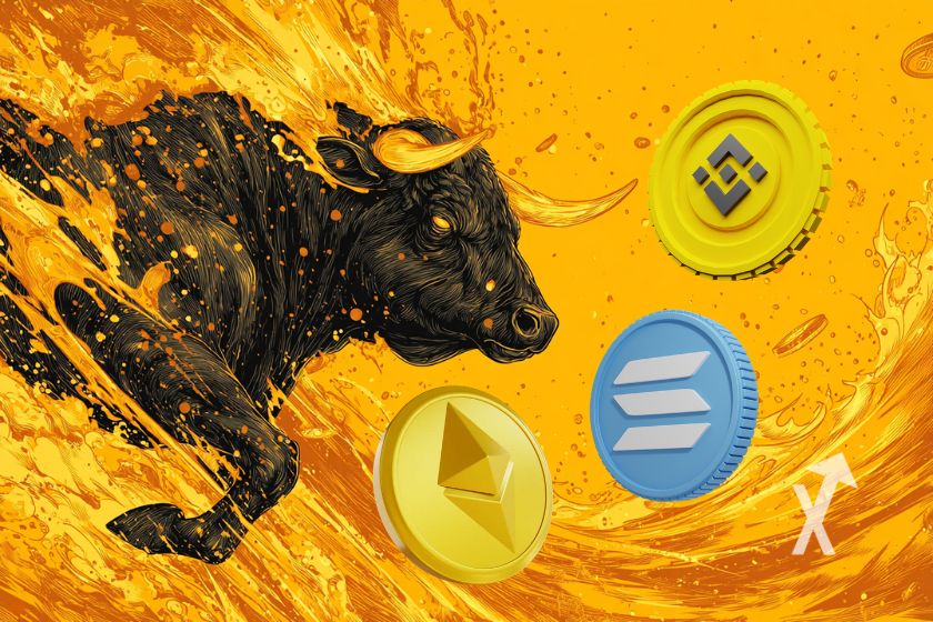 Un bull avec 3 jetons BNB SOL et ETH dans un fond orange