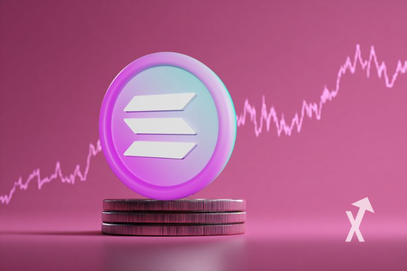 Coin 3D du SOL Solana sur un fond rose avec une trendline de graphique en fond