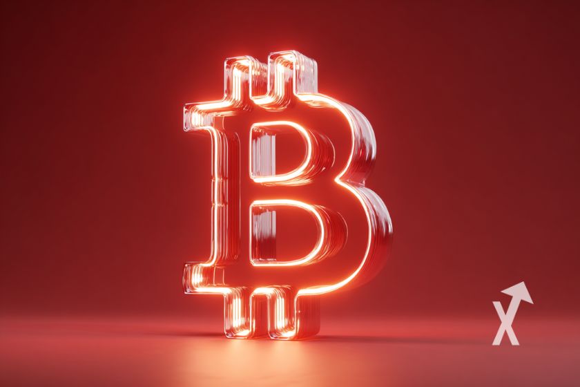 Bitcoin logo néons rouge sur fond rouge