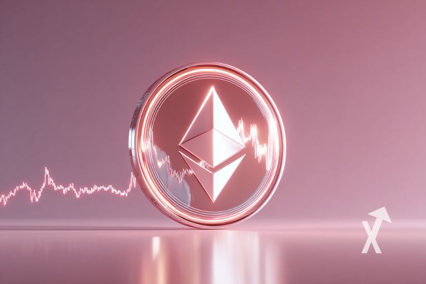 Ethereum Coin 3D en rose transparent sur un fond rose et un graphique trendline en rose