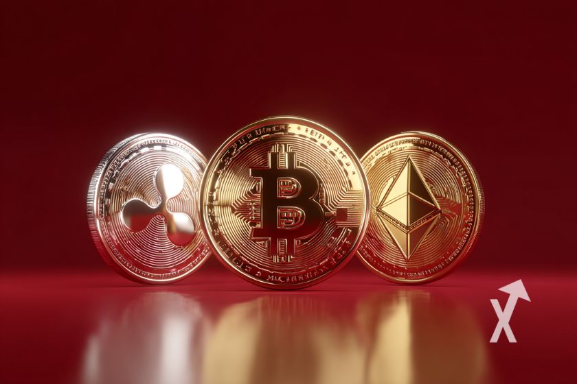 3 coins 3D de XRP BTC et ETH sur un fond rouge
